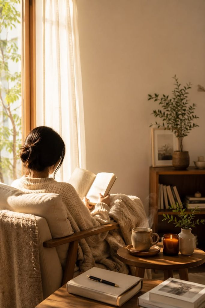 young woman reading alone cozy apartment self discovery